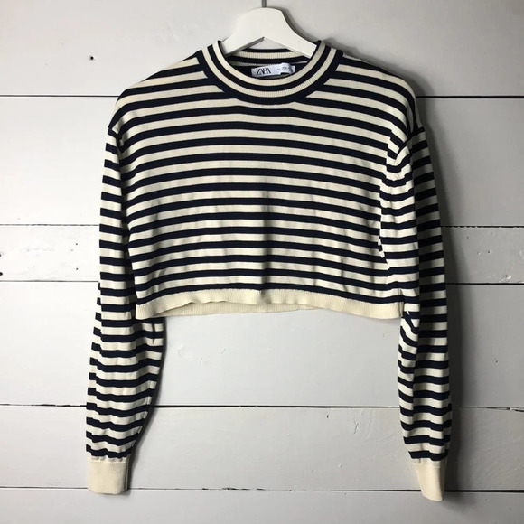 Zara Striped Crop Blue White Knit Size Small - Picture 4 of 8